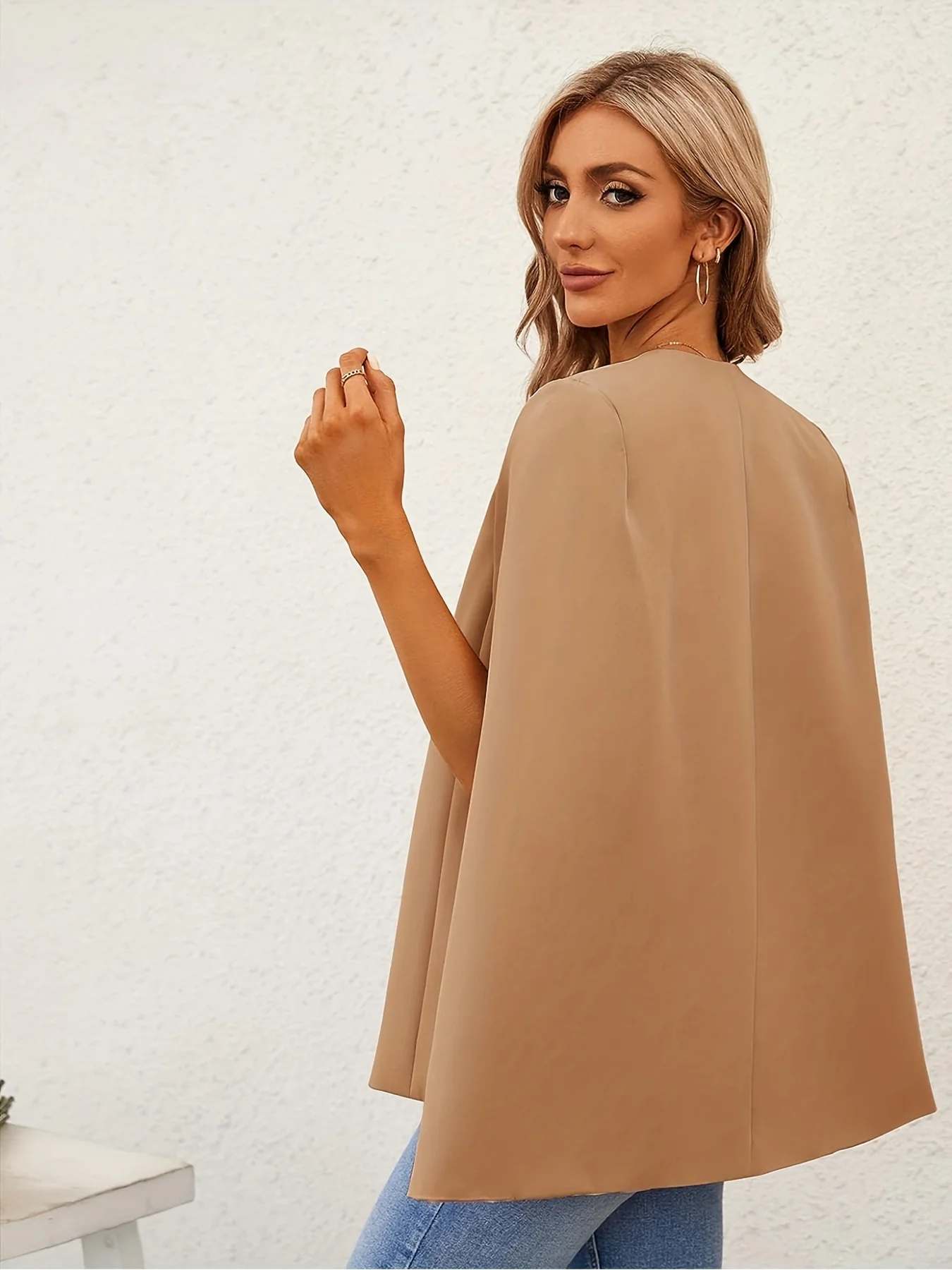 deanwangkt-1 Open Front Cape Sleeve Blazer, Elegant Solid Long Sleeve Blazer For Office & Work, Women's Clothing - Deanwangkt