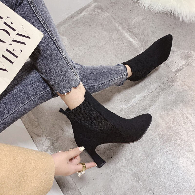 deanwangkt Autumn Winter Women Boots Elastic Ankle Boots Pointed Toe Thick Heel High Heels Shoes Woman Female Plus Fleece Warm Socks Boots - Deanwangkt