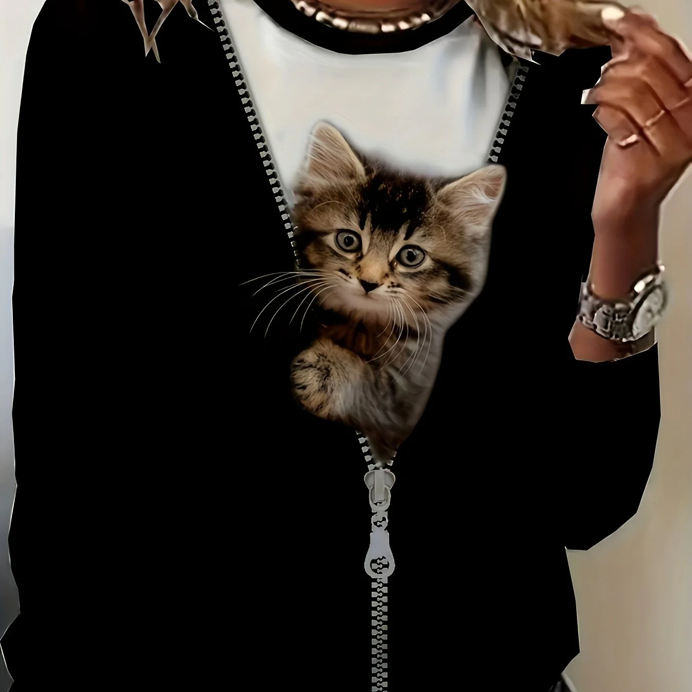 deanwangkt-1 Cat Print Crew Neck T-Shirt, Casual Long Sleeve T-Shirt For Spring & Fall, Women's Clothing - Deanwangkt