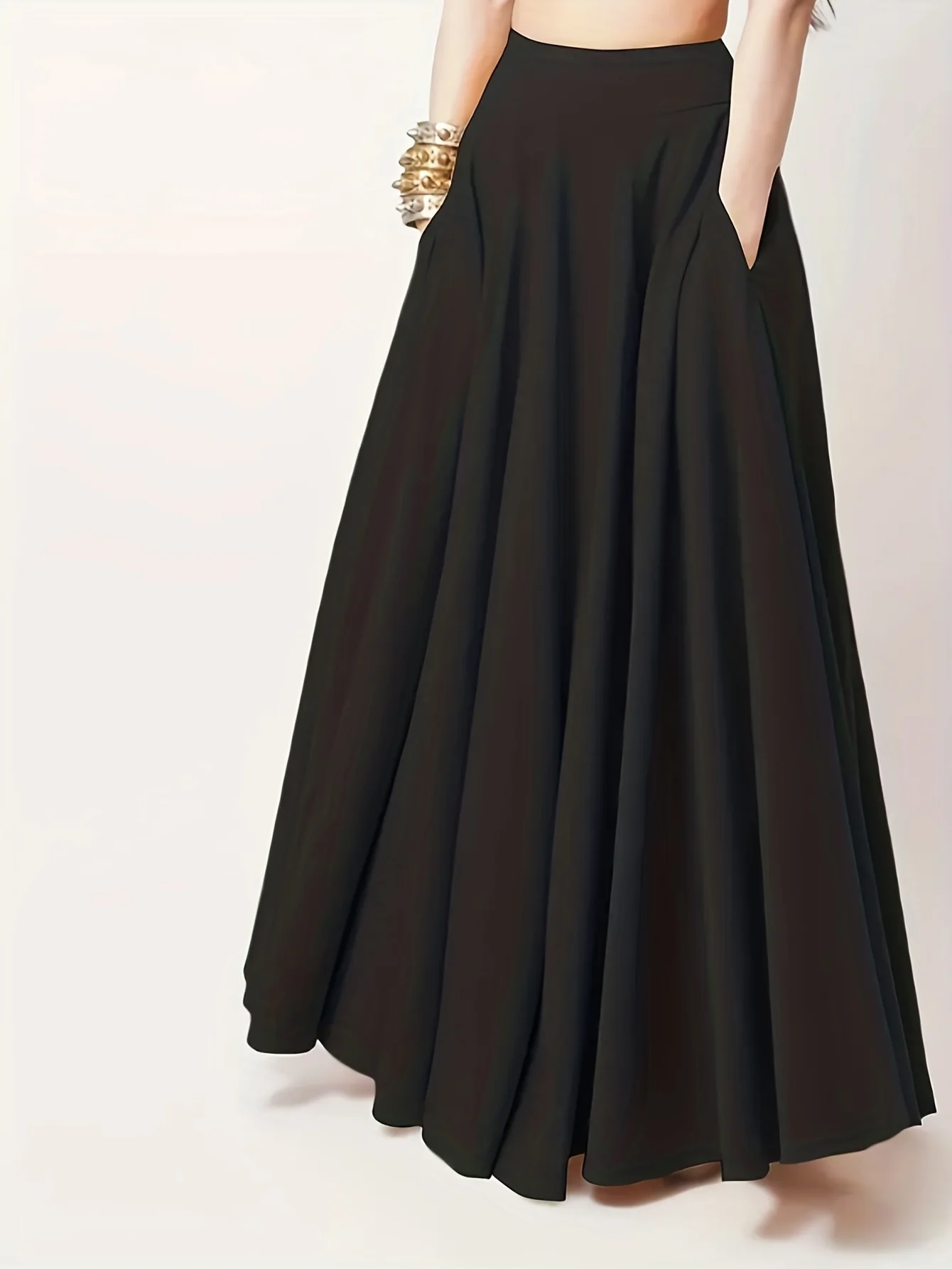 Solid Ruffle Hem Maxi Skirt, Casual High Waist Loose Skirt With Pocket, Women's Clothing - Deanwangkt