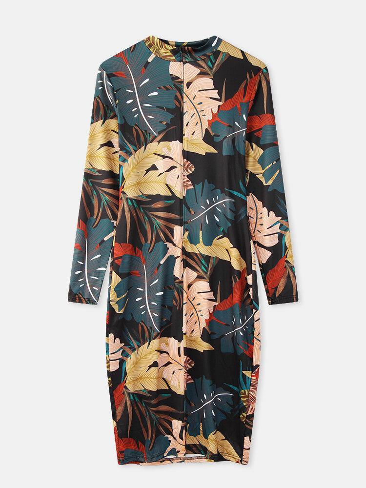 deanwangkt Women Plant Leaves Print Long Sleeve Zipper Elegant Midi Dress - Deanwangkt