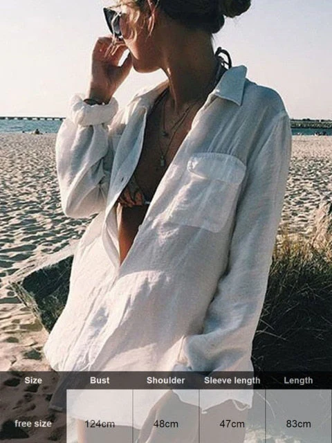 Sexy New Shirt Beach Up White Beach Dress Loose Blouse Tunic Pocket Long Sleeve Swimsuit Cover Up Casual Beachwear - Deanwangkt
