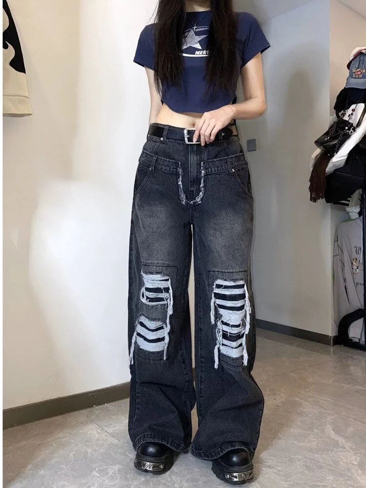 deanwangkt High Street Niche Design Wide Leg Washed Jeans For Men And Women, Straight Tube Loose Fitting Retro Pants, Trendy Women's Jeans - Deanwangkt