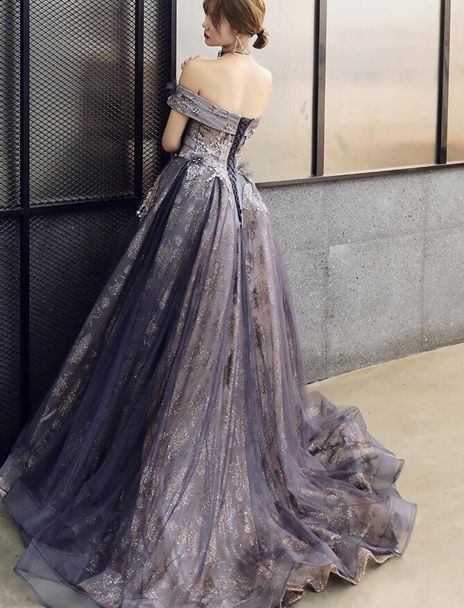 Solvbao Purple Tulle Sweetheart with Flowers Long Formal Gown, A-line Off Shoulder Party Dress - Deanwangkt