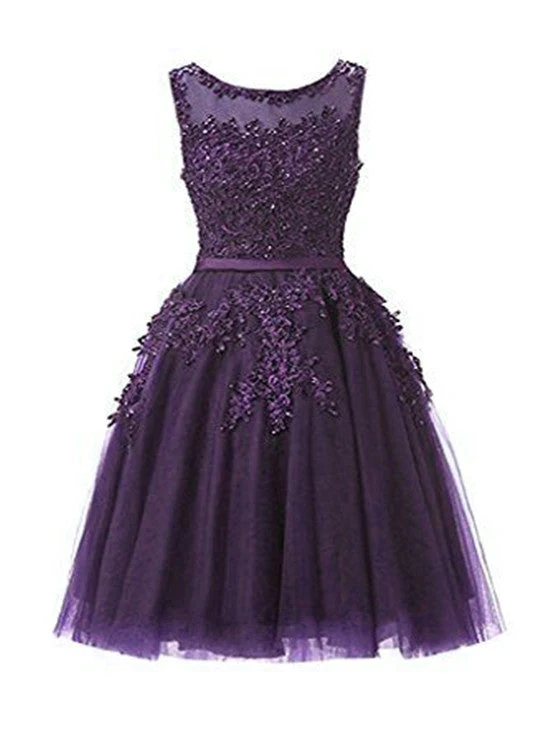 Solvbao Dark Purple Short Prom Dress, Tulle Prom Dress, Applique Homecoming Dress - Deanwangkt