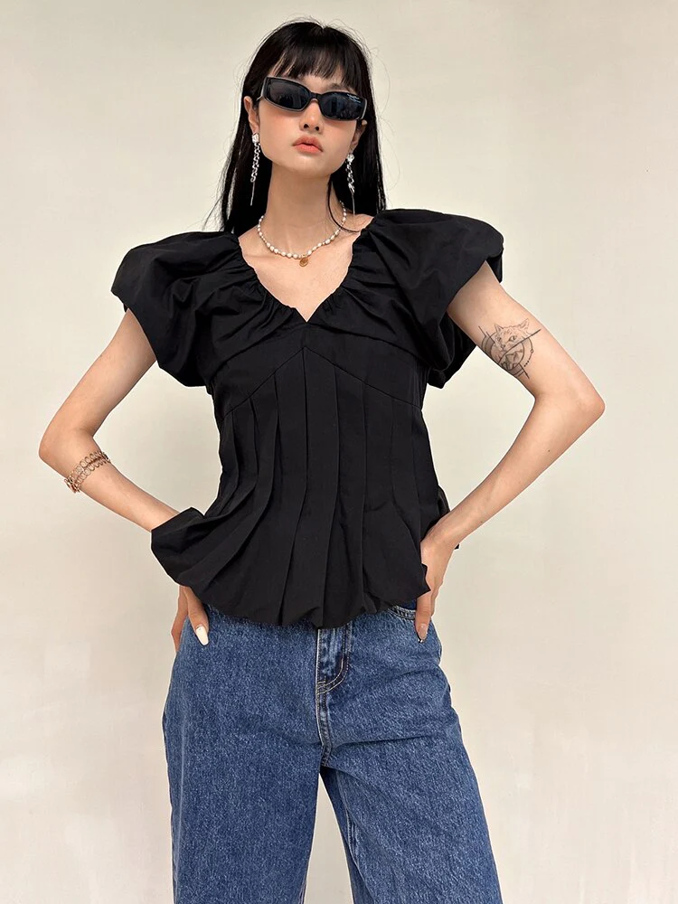 deanwangkt  Sexy V-Neck White Women Blouses Summer Puff Sleeve Shirts Chic Korean Office Vintage Elegant Female Lady Tops - Deanwangkt