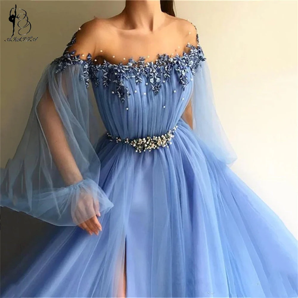 Sexy Slit Chiffon Long Evening Dresses  Women Formal Gowns Lantern Sleeves Prom Gowns For Party Flowers Vestidos De Fiesta - Deanwangkt