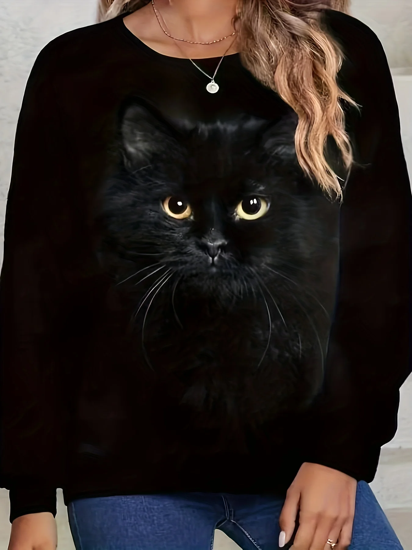 deanwangkt-1 Cat Print Crew Neck T-Shirt, Casual Long Sleeve T-Shirt For Spring & Fall, Women's Clothing - Deanwangkt