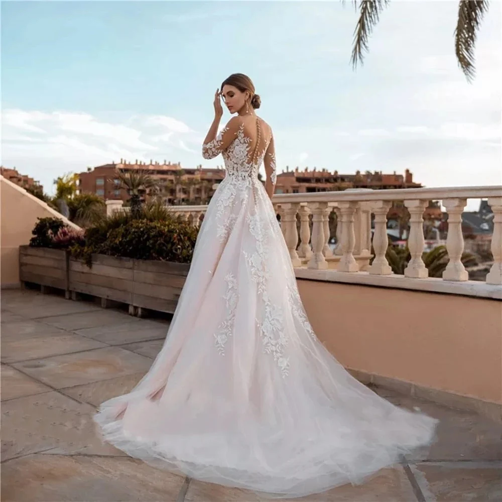 Floral Appliques Wedding Dresses Three Quarter Scoop Neck Backless A-Line Court Train Tulle Bridal Gowns Vestido De Novia - Deanwangkt