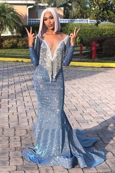 DEANWANGKT Blue Muslim Evening Dresses  Mermaid Long Sleeves Sequins Sparkle Islamic Dubai Kaftan Saudi Arabia Long Evening Gown - Deanwangkt
