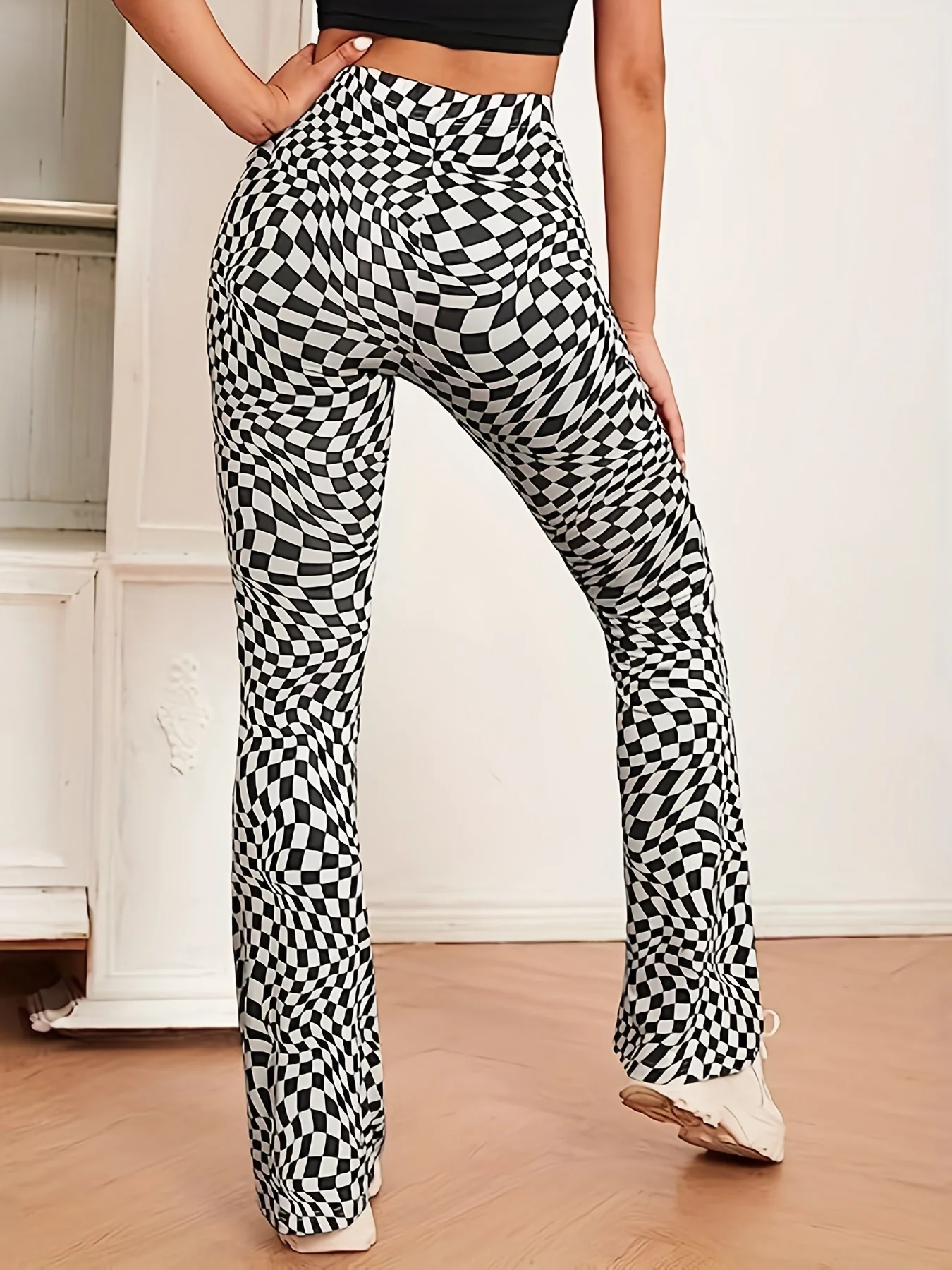 deanwangkt-1  Allover Print Flare Leg Pants, Casual High Waist Slim Pants For Spring & Fall, Women's Clothing - Deanwangkt