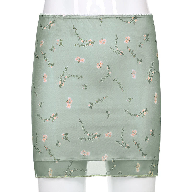 deanwangkt   New  Light Green Floral Printed Two-Layers Y2k Mini Skirts Harajuku 90S Korean Retro Straight Women Aesthetic Summer Outfits - Deanwangkt