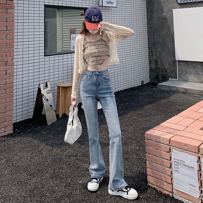 deanwangkt High-waisted Stretch Tail Flared Jeans Women's Autumn And Winter Slim Straight Tube Lengthened Drape Floor Mopping Pants - Deanwangkt