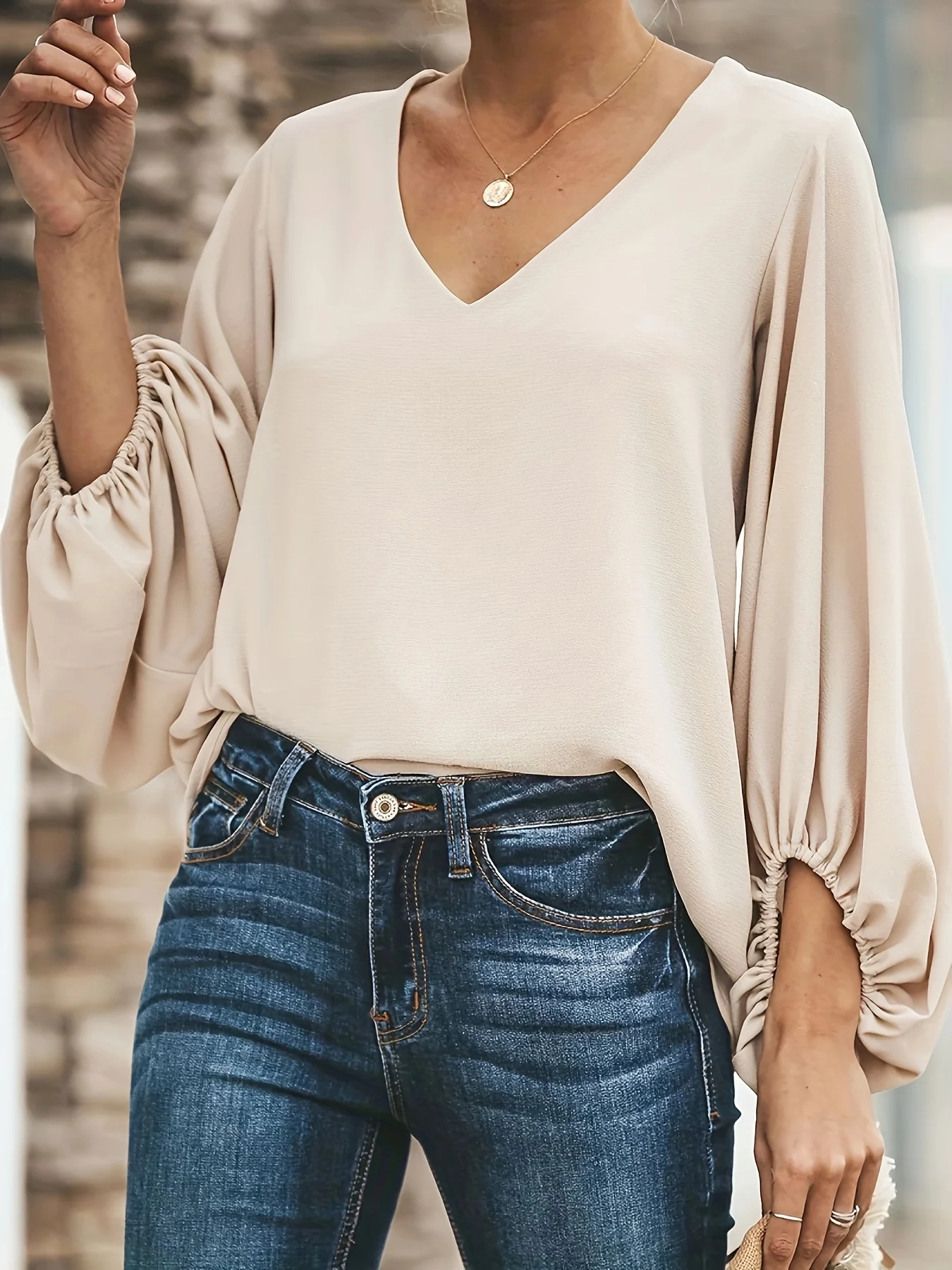 Solid V Neck Blouse, Elegant Lantern Sleeve Blouse For Spring & Fall, Women's Clothing - Deanwangkt
