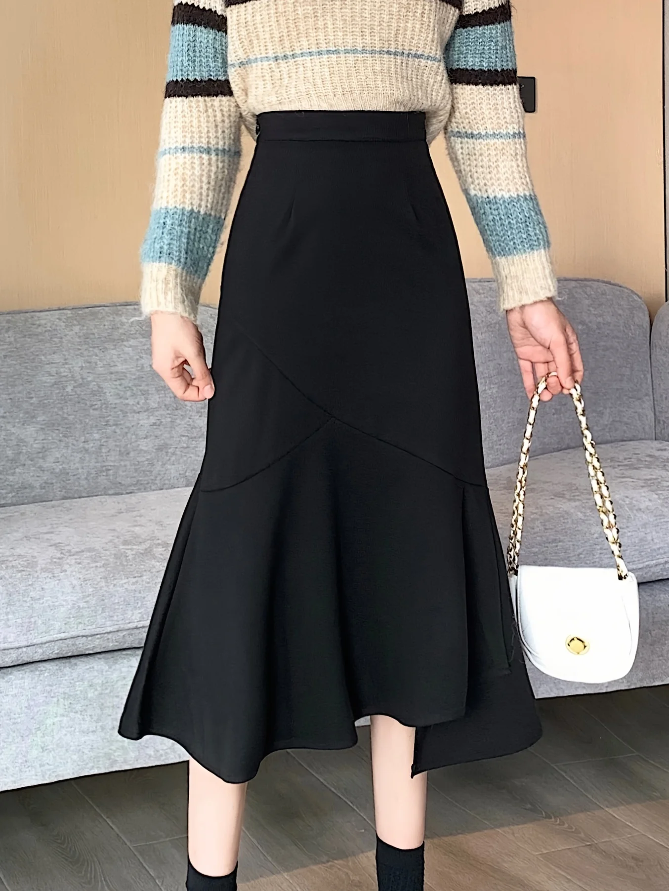 Solid High Waist Fashion Skirt, Elegant Ruffle Hem Midi Skirt, Women's Clothing - Deanwangkt