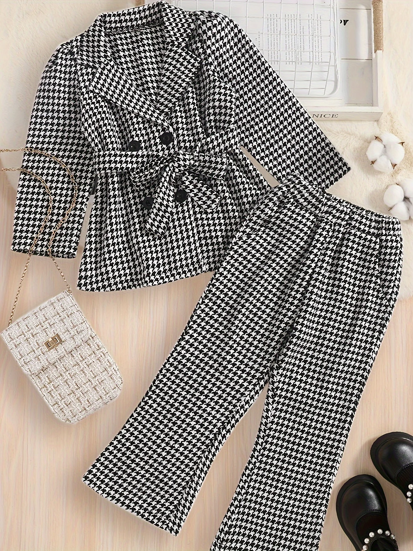 Elegant Houndstooth Pattern Outfits 2pcs Girls Long Sleeve Blaze With Bow Belt + Flare Pants Kids Gift Christmas - Deanwangkt