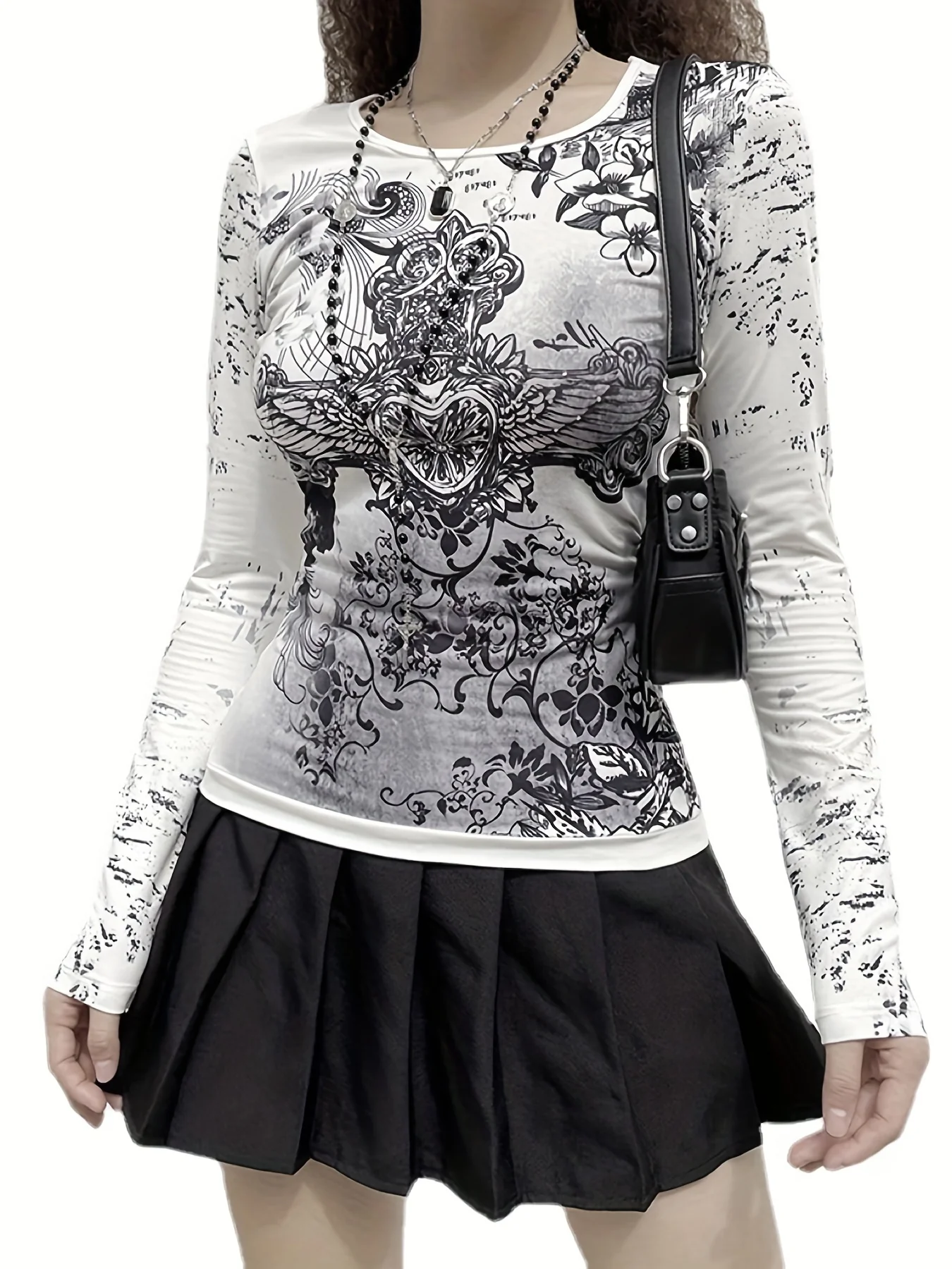 deanwangkt  Graphic Print Crew Neck T-Shirt, Gothic Long Sleeve Top For Spring & Fall, Women's Clothing - Deanwangkt