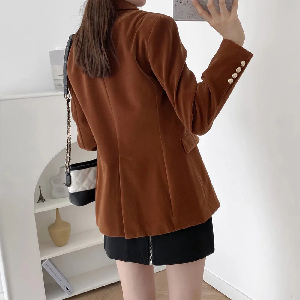deanwangkt Women's Autumn Coat Velvet Double-breasted Long-sleeved Suit Fashion All-match Casual Solid Color Female Blazer Mujer - Deanwangkt