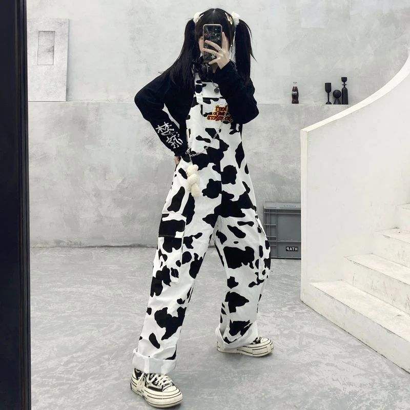 Street Hip-hop Harajuku Girl Cow Print Oneies For Women Black White Plaid Overalls Casual Jumpsuit Trousers Baggy Pants - Deanwangkt