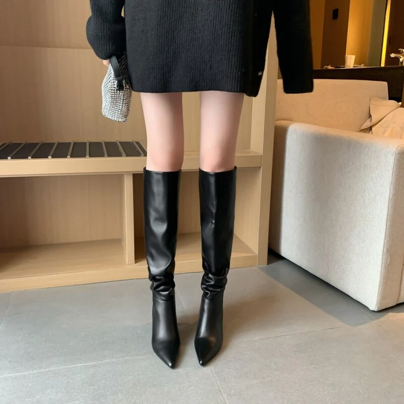 deanwangkt Autumn Boots     NEW Fall Shoes Women Pointed Toe Stiletto Leather Boots for Women INS Fashion Knee-high Boots Solid Pleated High Heel Boots - Deanwangkt