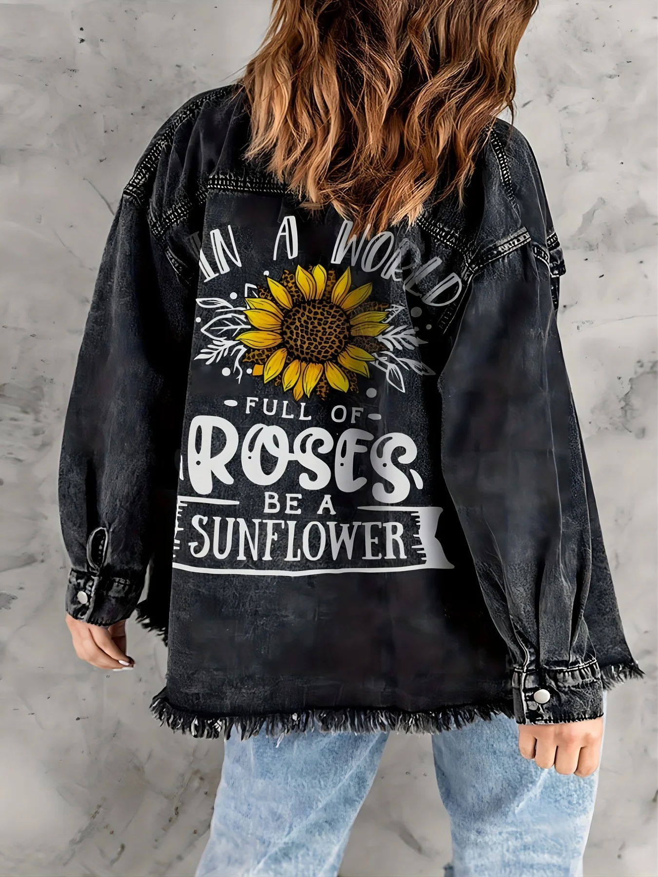 deanwangkt-1  Dark Grey Sunflower Denim Jackets, Long Sleeves Letter Print Casual Lapel Denim Coats, Women's Denim Clothing - Deanwangkt