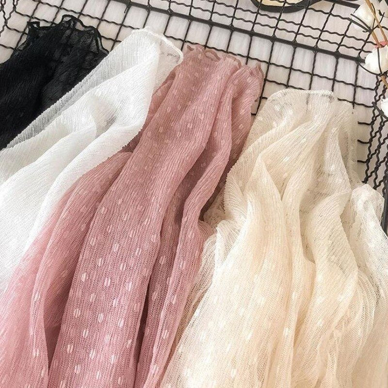 deanwangkt Philosophy Women High Collar Mesh Perspective Blouse Summer Thin See Through Slim Bottoming Lace Long Flare Sleeved Tops - Deanwangkt