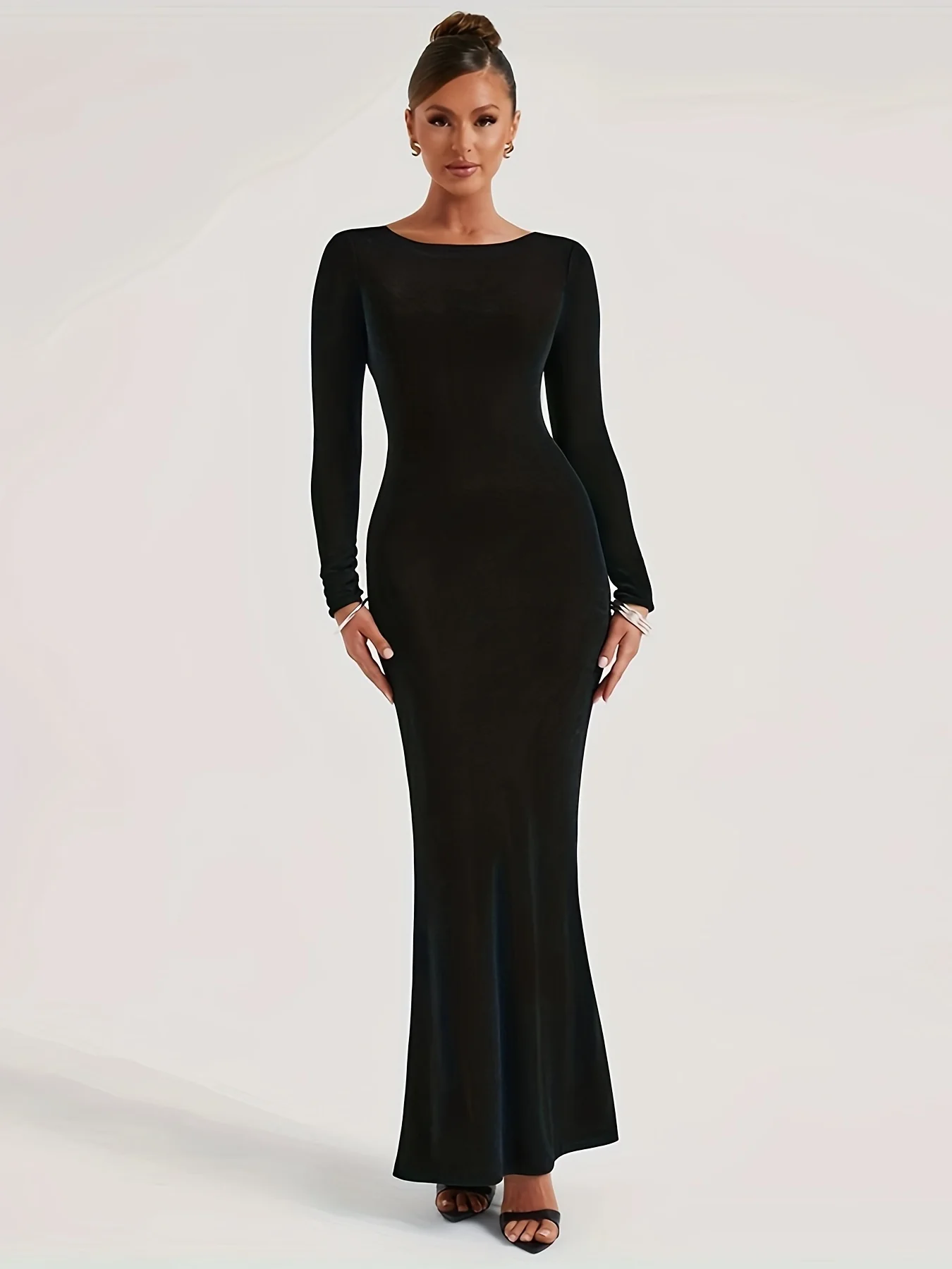 deanwangkt-1  Solid Crew Neck Backless Dress, Elegant Long Sleeve Slim Maxi Dress For Spring & Fall, Women's Clothing - Deanwangkt