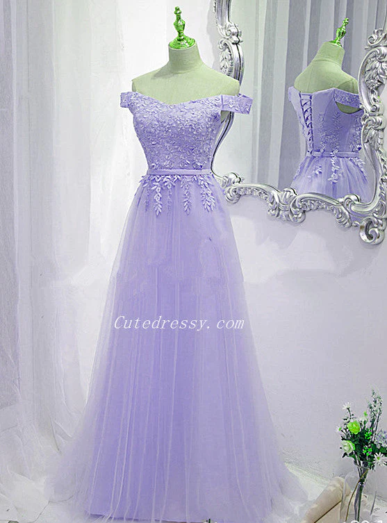 Solvbao Lavender Tulle Off Shoulder Party Dress with Lace Applique, A-line Tulle Prom Dresses - Deanwangkt