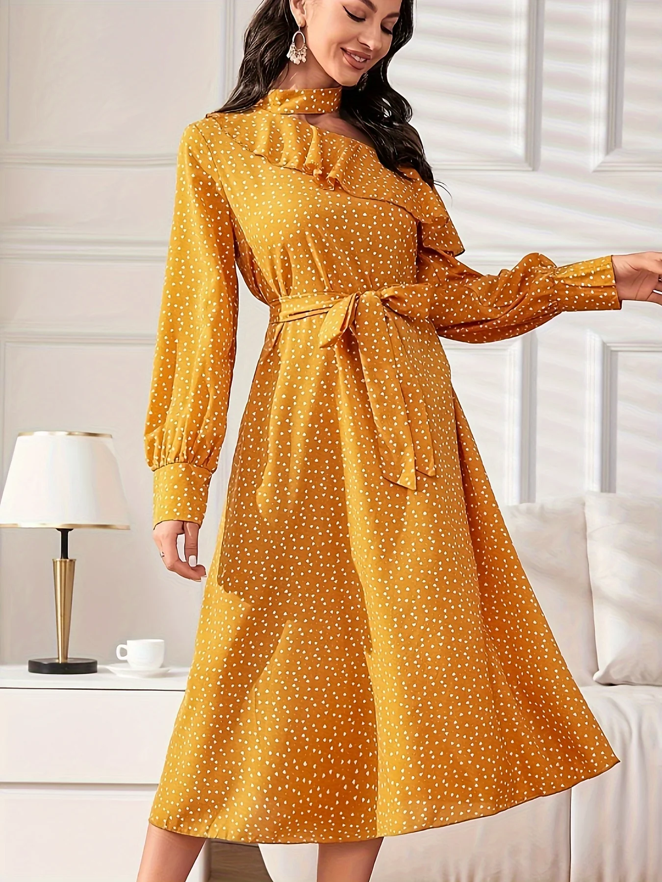 All Over Print One Shoulder Dress, Elegant Long Sleeve Belted Dress, Women's Clothing - Deanwangkt