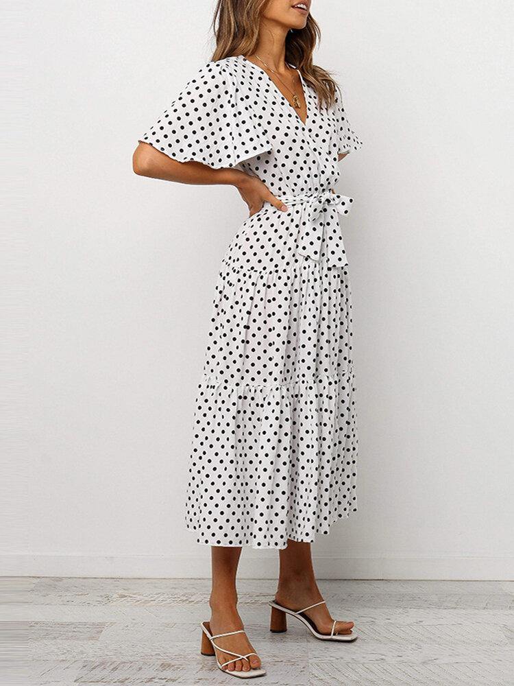 deanwangkt Women Polka Dot V-Neck Short Sleeve Casual Dresses With Belt - Deanwangkt