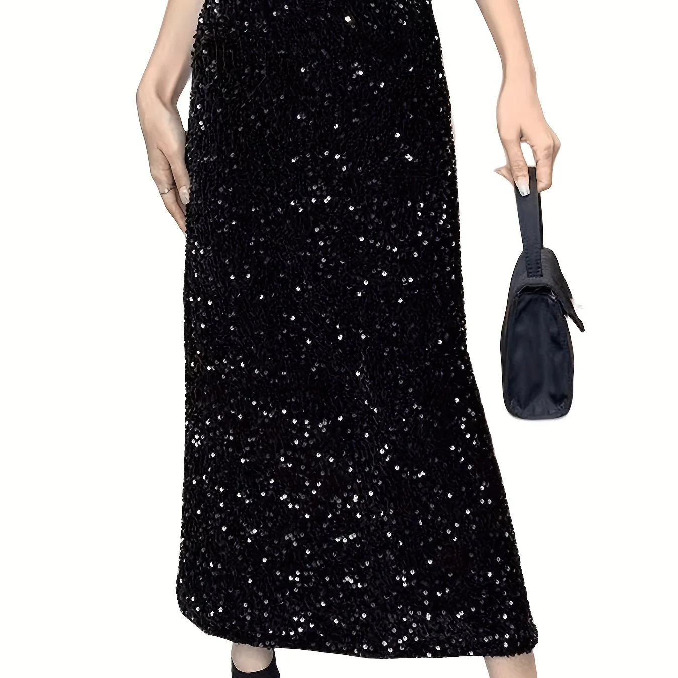 deanwangkt-1 Solid Sequin High Waist Skirt, Casual Elastic Waist Split Skirt, Women's Clothing - Deanwangkt