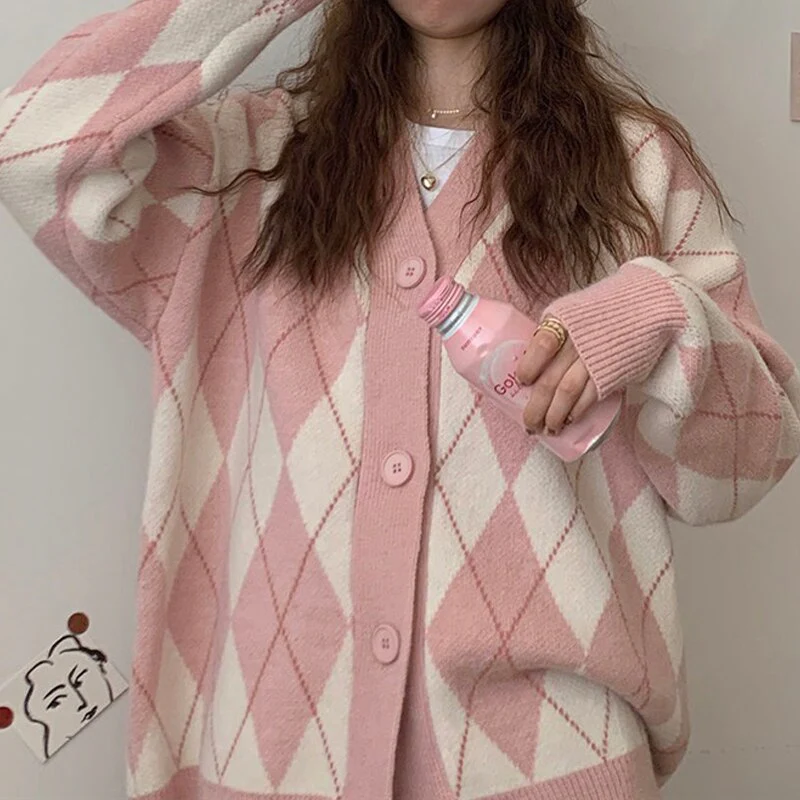 deanwangkt Cardigan Women Winter Chic Sweater Jacket Girl Knitted Argyle Coat Loose All Match Student Korean Knitwear Pink Tops Sweat Femme - Deanwangkt