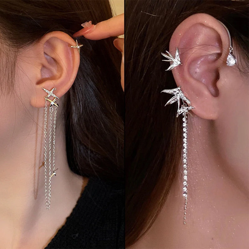DEANWANGKT Trend  New Animal Birds Tassel Women Earrings Clip Ear Cuff Silver Color Stars No Pierced Ear Hook Long Chain Earing Jewelry - Deanwangkt