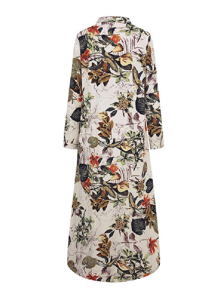 deanwangkt Women Cotton Flower Print Loose Casual Maxi Shirts Dress with Front Pockets - Deanwangkt