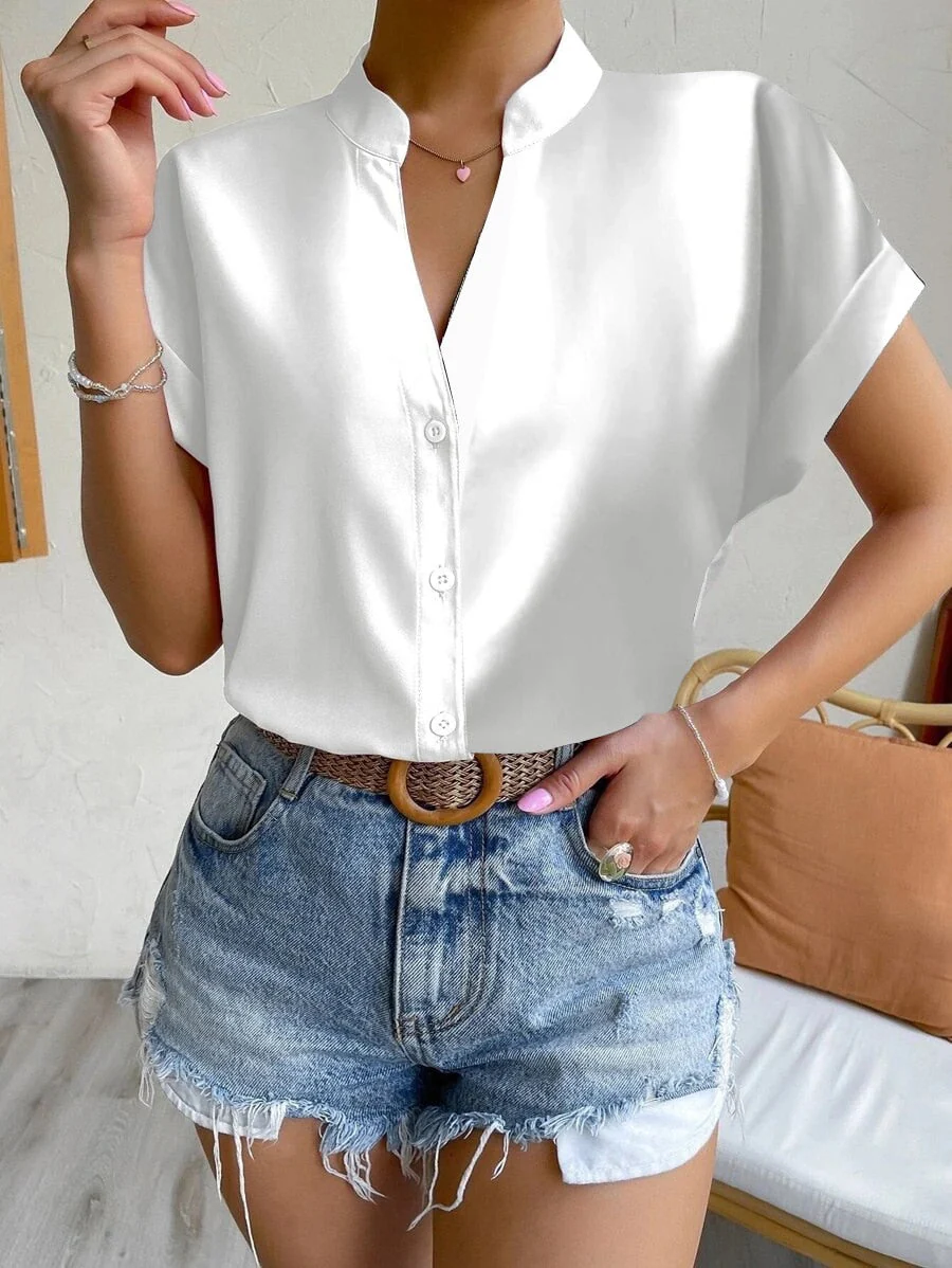 deanwangkt Casual V Neck Solid Shirt Blouse Office Lady Spring Summer Fashion Elegant Short Sleeve Slim Shirts For Women White Tops - Deanwangkt