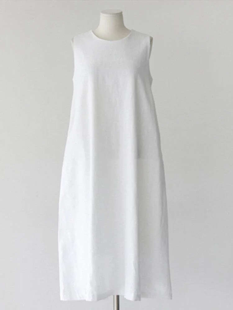 deanwangkt Women Solid Color Sleeveless O-Neck Casual Elegant Dress With Pockets - Deanwangkt