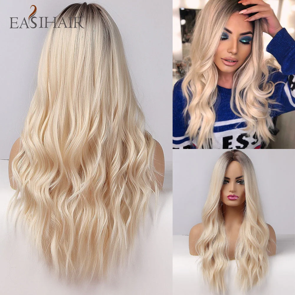 deanwangkt  Long Body Wave Wigs Ombre Black Brown Blonde Synthetic Wig Cosplay Middle Part Natural Heat Resistant Wig For Women - Deanwangkt