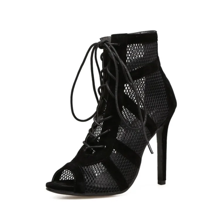 deanwangkt New Fashion Show Black Net Fabric Cross Strap Sexy High Heel Sandals Woman Shoes Pumps Lace-up Peep Toe Sandals Casual Mesh - Deanwangkt
