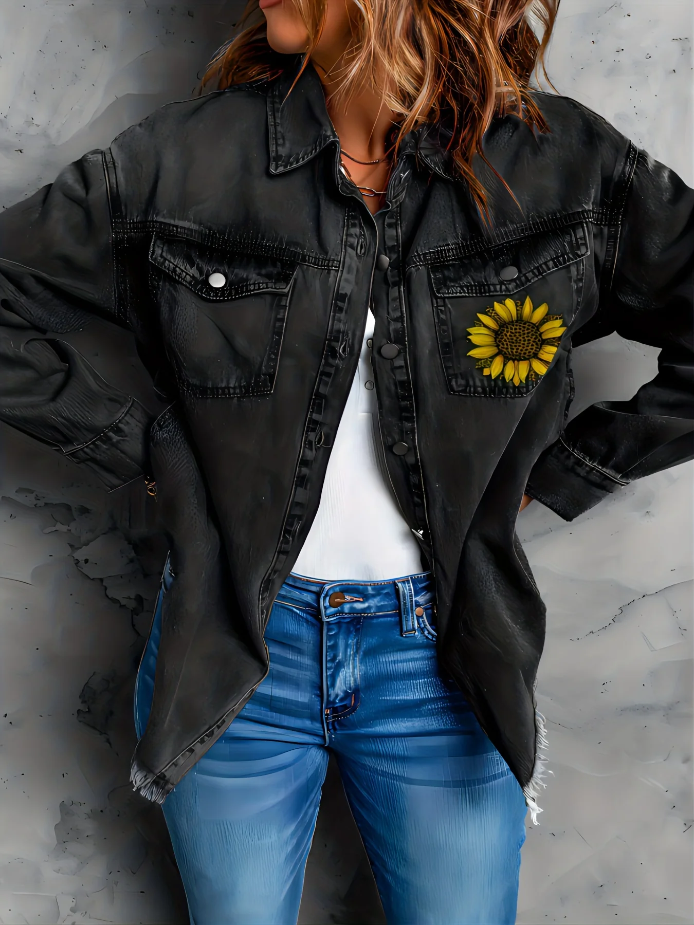 deanwangkt-1  Dark Grey Sunflower Denim Jackets, Long Sleeves Letter Print Casual Lapel Denim Coats, Women's Denim Clothing - Deanwangkt