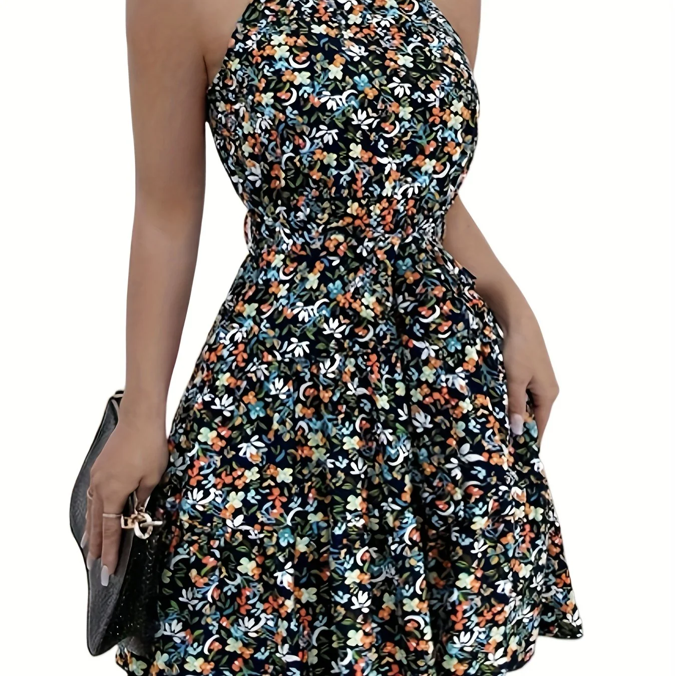 deanwangkt-1 Ditsy Floral Print Halter Dress, Vacation Casual Dress For Summer & Spring, Women's Clothing - Deanwangkt