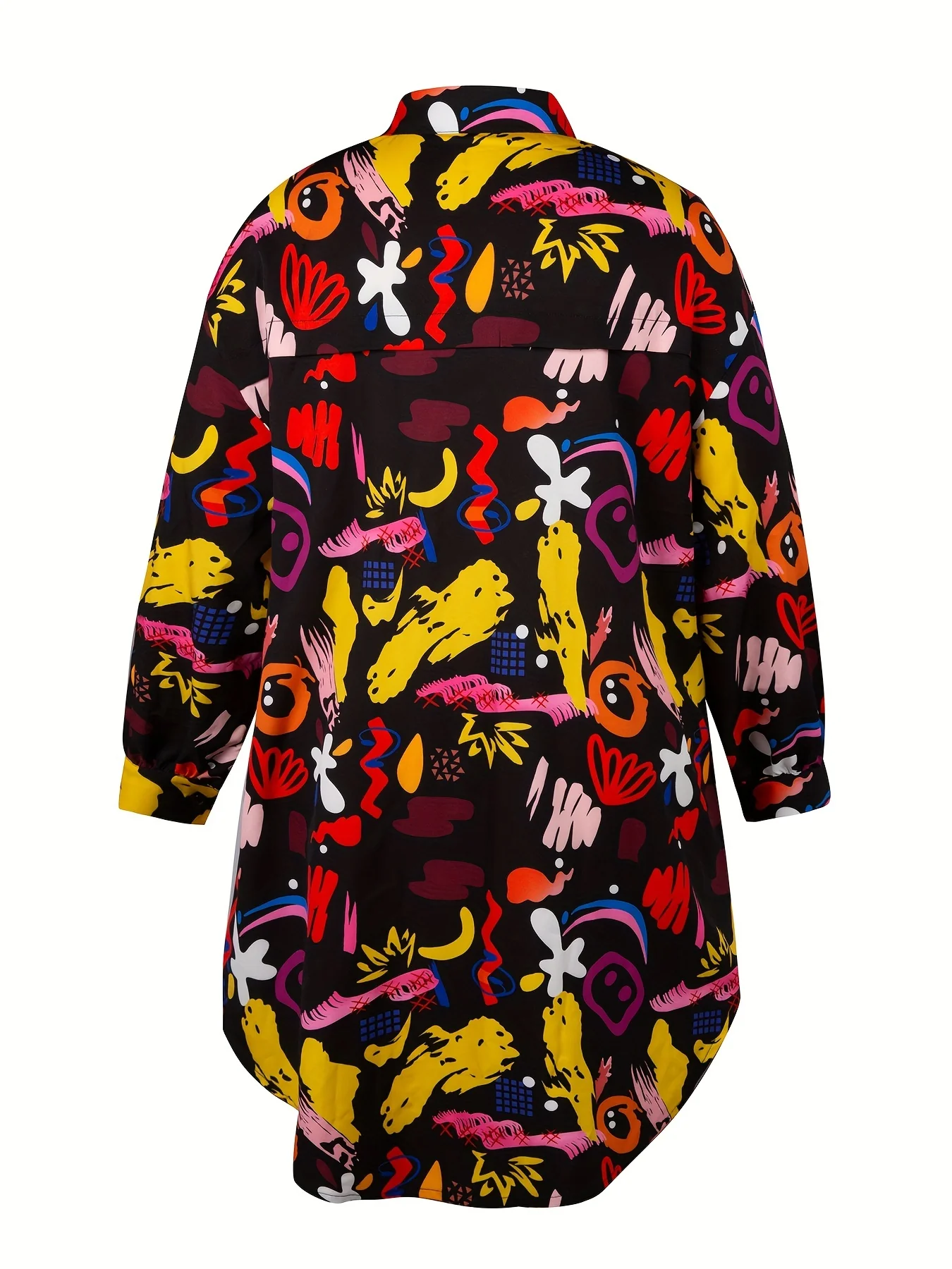 Plus Size Casual Blouse, Women's Plus Graffiti Print Long Sleeve Turn Down Collar Slight Stretch Longline Shirt Top - Deanwangkt