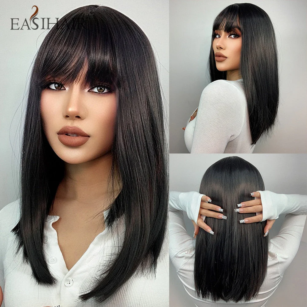 deanwangkt  Short Straight Bob Wigs With Bang Golden Brown Natural Synthetic Hair For Women Daily Cosplay Heat Resistant Fiber Wigs - Deanwangkt