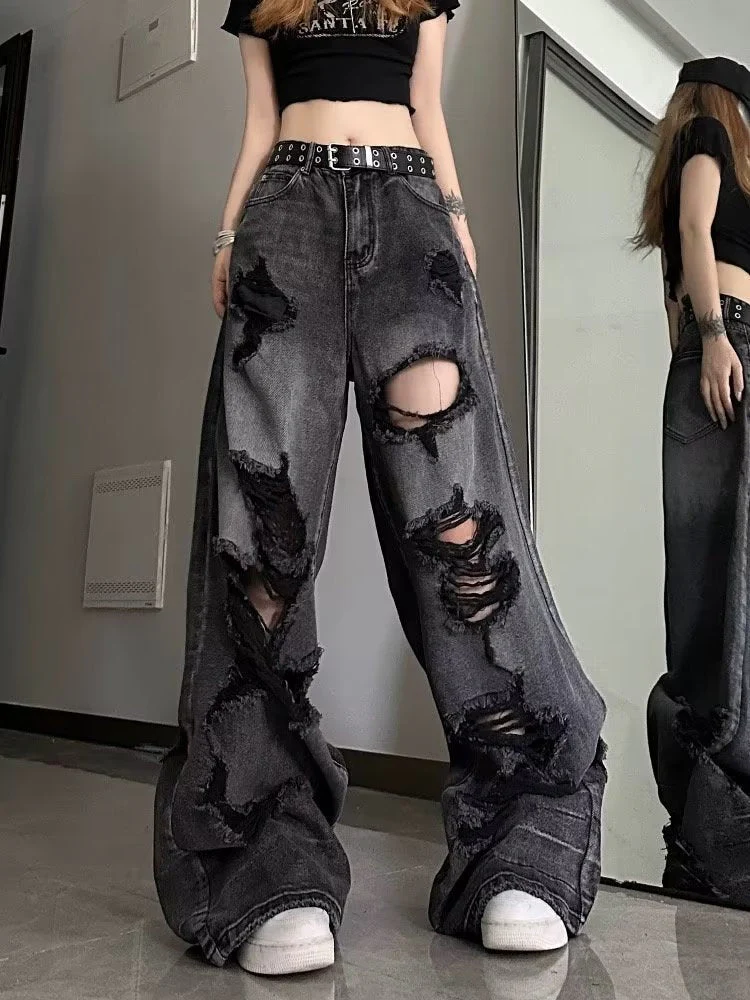 deanwangkt Niche Design Jeans, High Street Heavy Industry Wide Leg Pants, High-end Floor Length Pants, Trendy Brand Women's Jeans - Deanwangkt