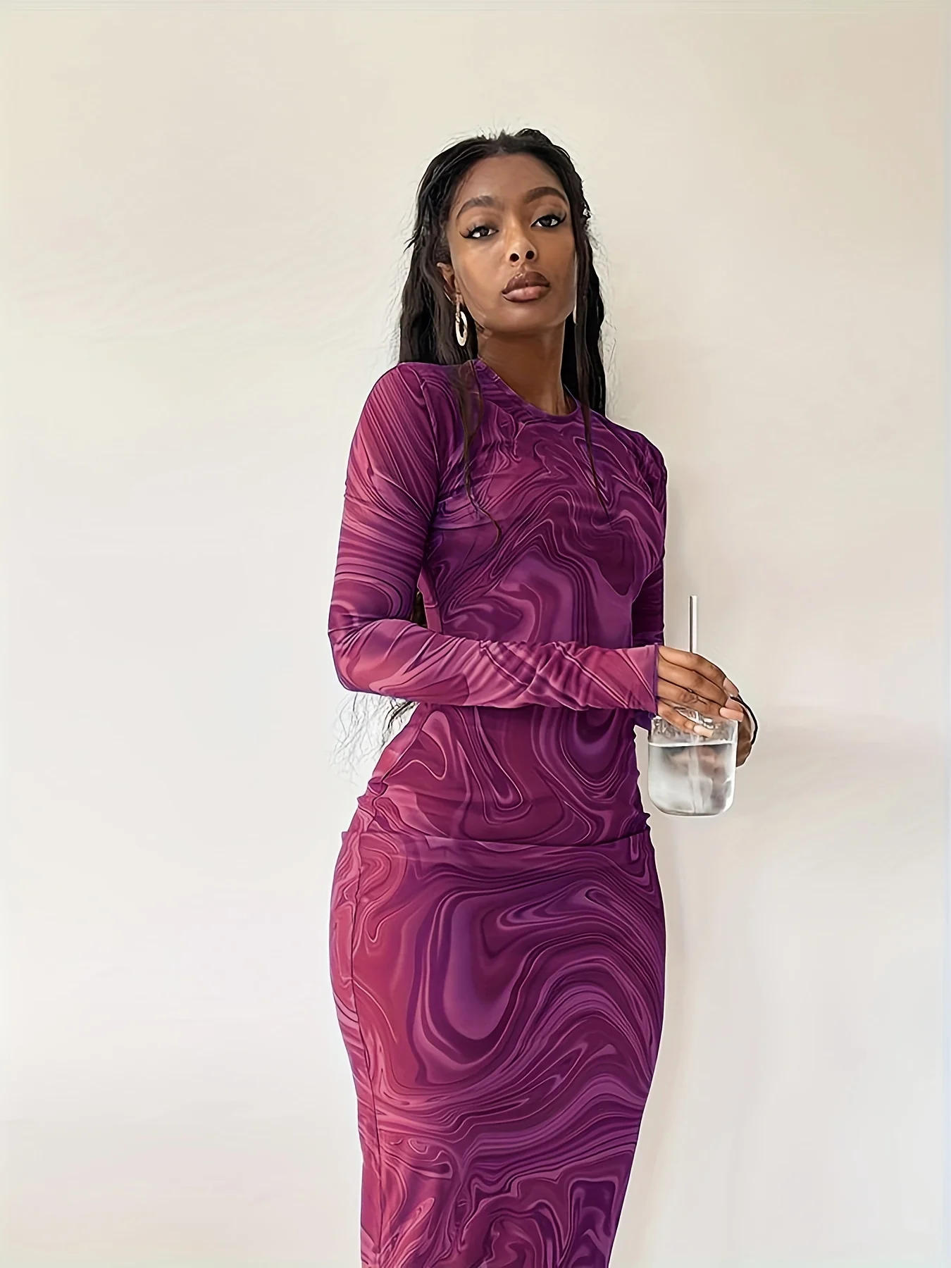 Abstract Ripple Print Dress, Sexy Mock Neck Long Sleeve Dress, Women's Clothing - Deanwangkt