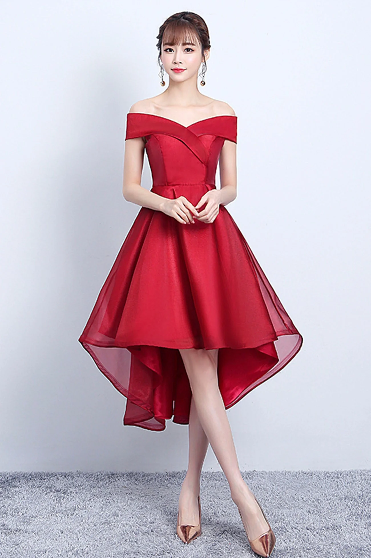 solvbao Red V-Neck Tulle High Low Prom Dress, Off the Shoulder Party Dress - Deanwangkt