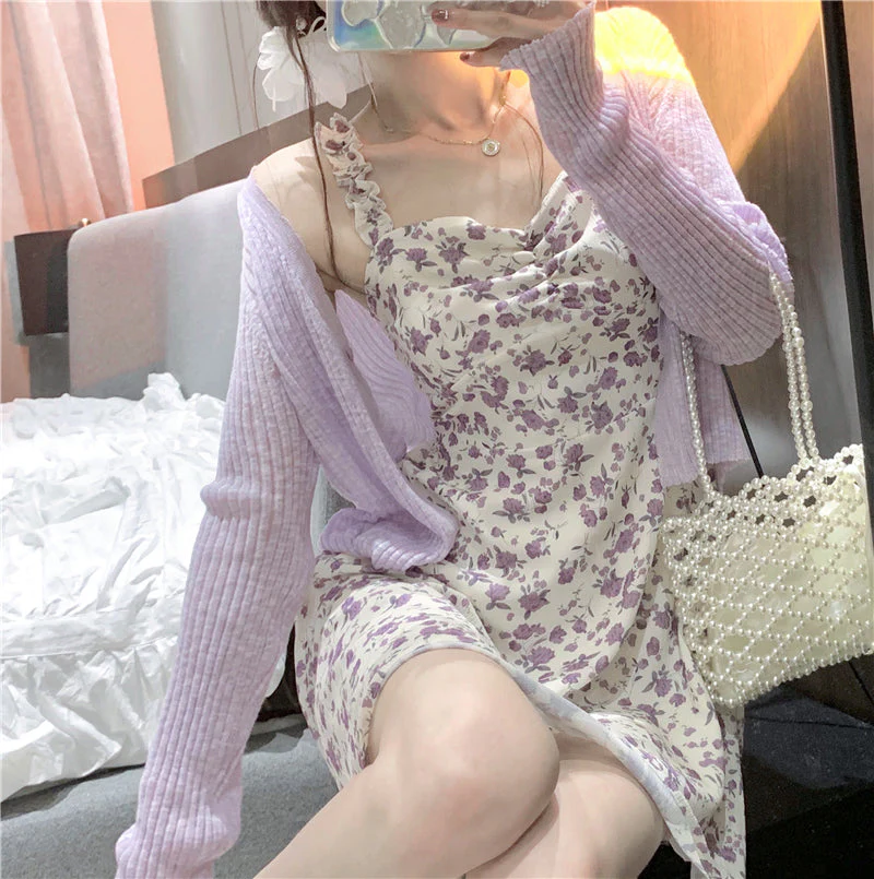 Floral Slip Dress Ladies Mini A-line Strap Dress  High Waist Ruched Purple Sundress For Women Spring  Clothing Robe Femme Fairy Dress - Deanwangkt