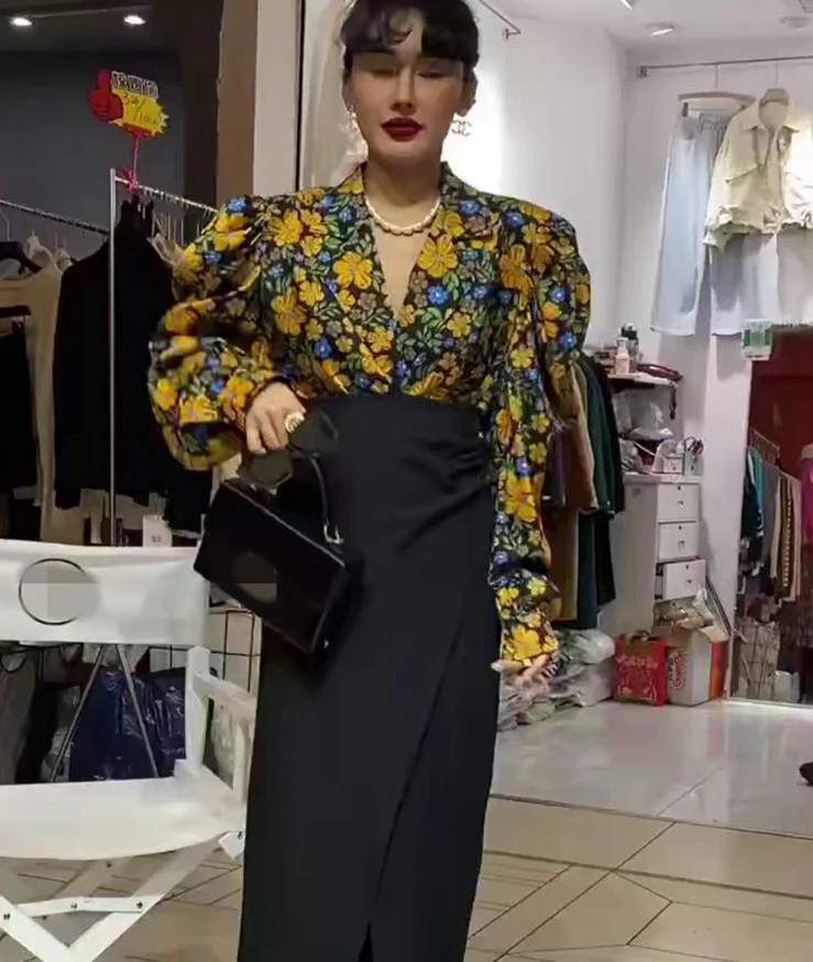 deanwangkt  Elegant Print Puffed Sleeve Blouse Top Autumn Womens Turn-Down Collars Half Sleeve Tie Dye Blouses Shirt Outwears - Deanwangkt