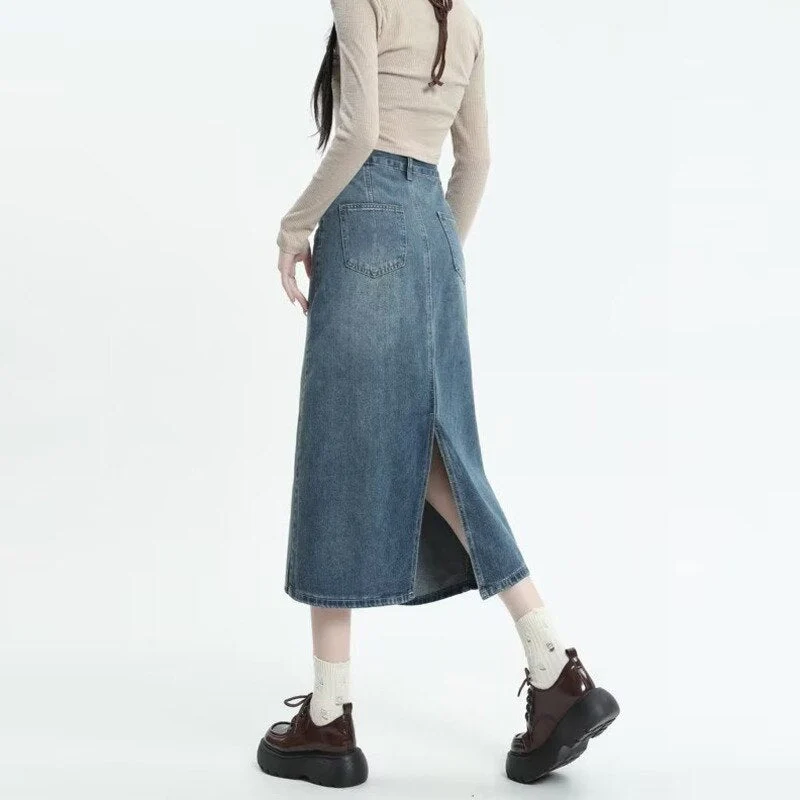 deanwangkt Retro Denim Skirt For Women Spring And Autumn New Summer Mid Length Slim A-line Split Long Skirt Skirt - Deanwangkt