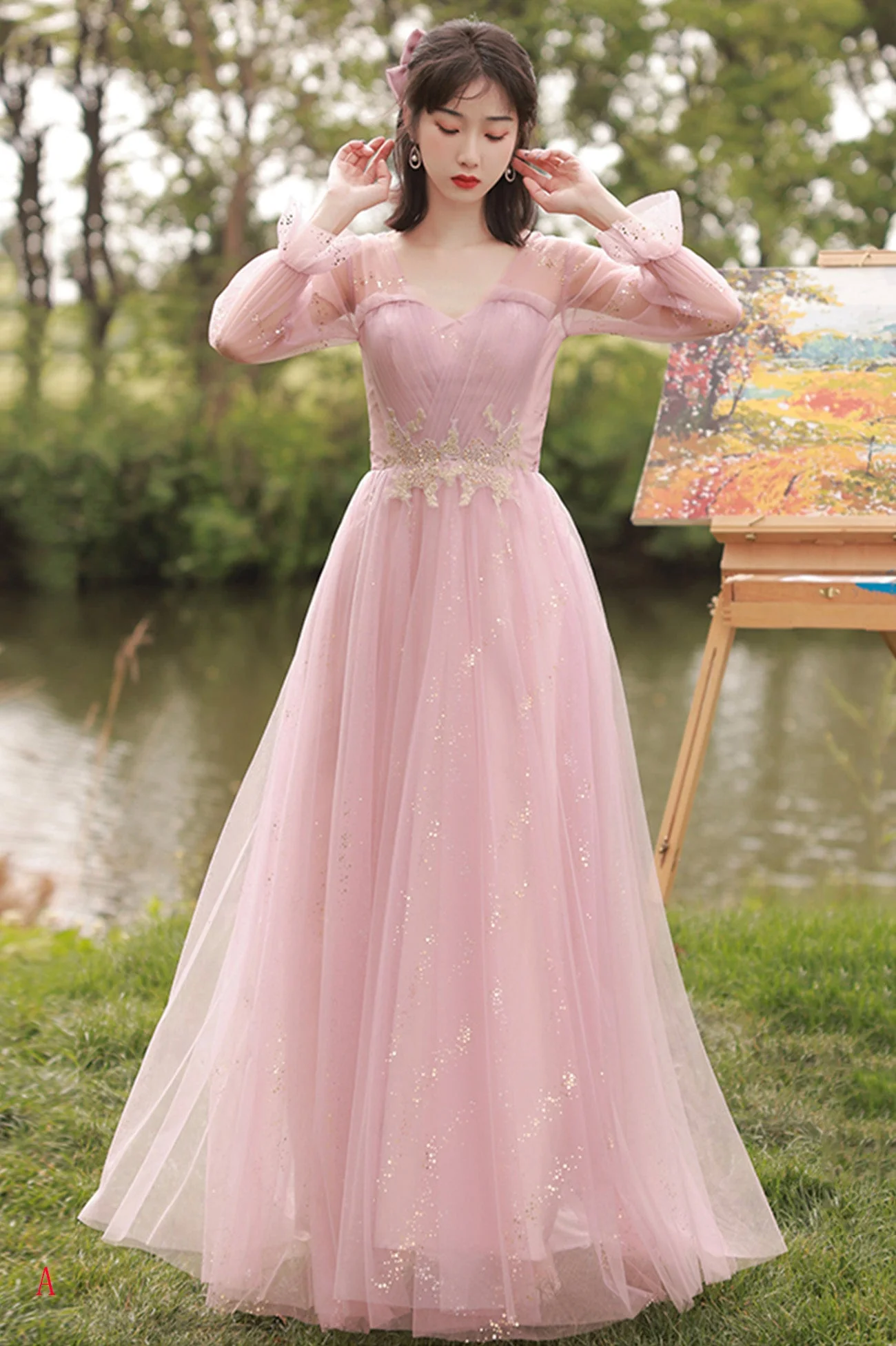solvbao Pink Tulle Long Prom Dresses, A-Line Bridesmaid Dresses - Deanwangkt
