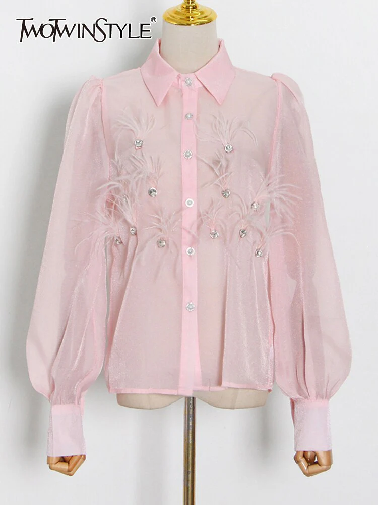 deanwangkt Casual Solid Shirt For Women Lapel Long Sleeve Patchwork Feathers Button Through Blouse Female Fashion Clothing New - Deanwangkt